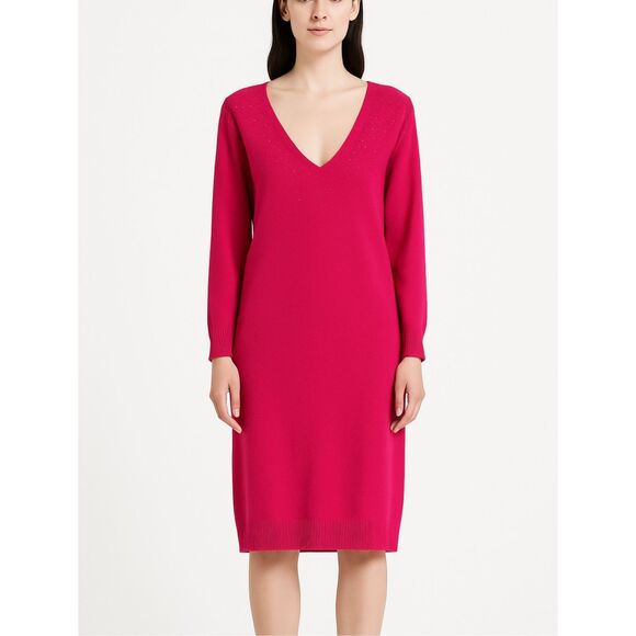 Diane Von Furstenburg Isis Wool Magenta Long Sleeve Beaded V Neck Midi Dress NWT - Picture 1 of 12